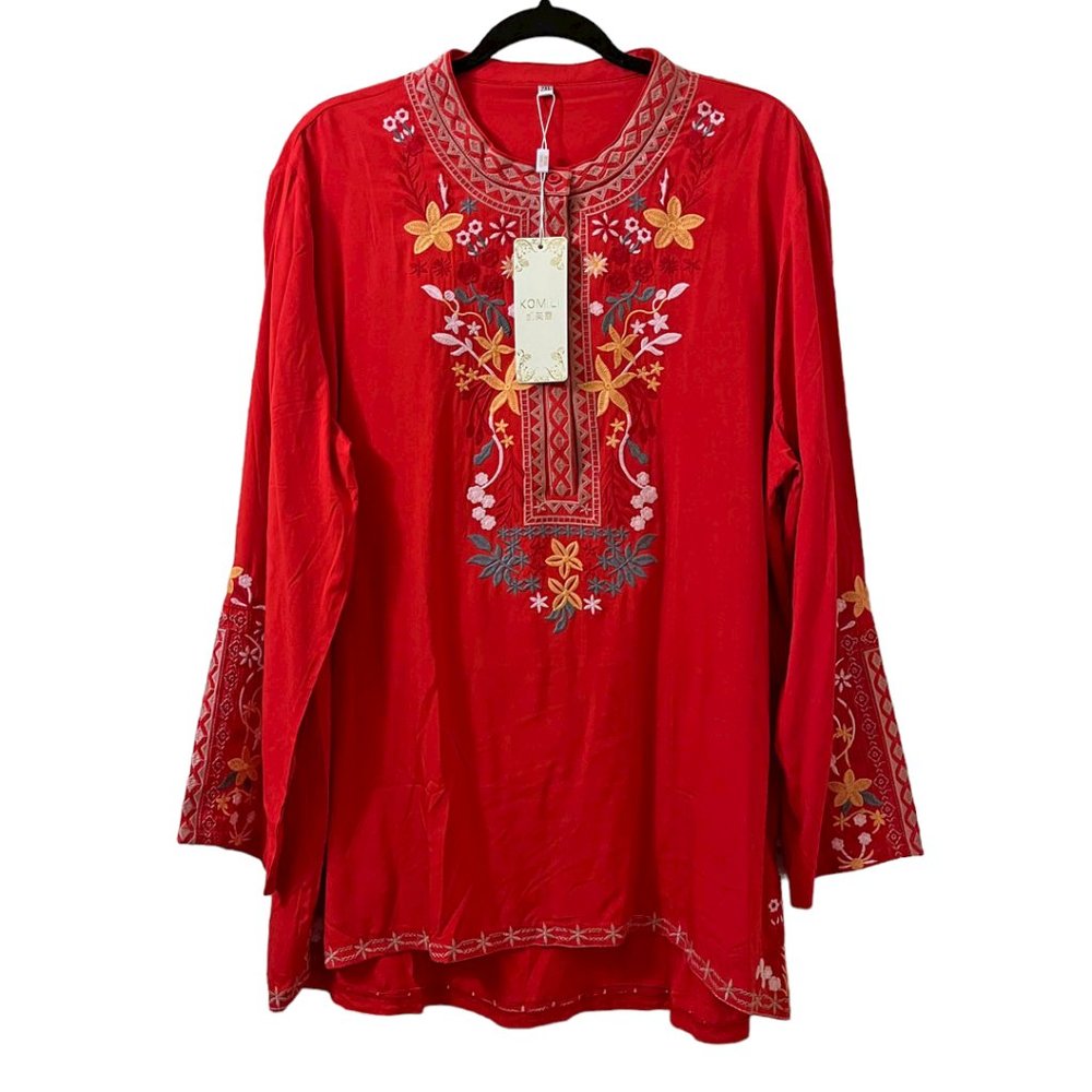 Komili Red Embroidered Tunic Top 1XL